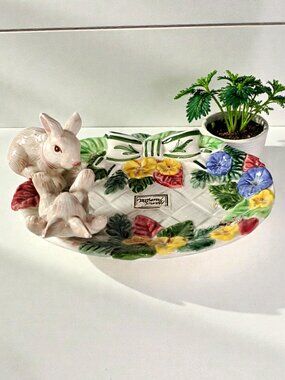 Fitz and Floyd Bunnies Blooms Bows Candy, or Trinket Dish Easter 6.5" x 4.5"